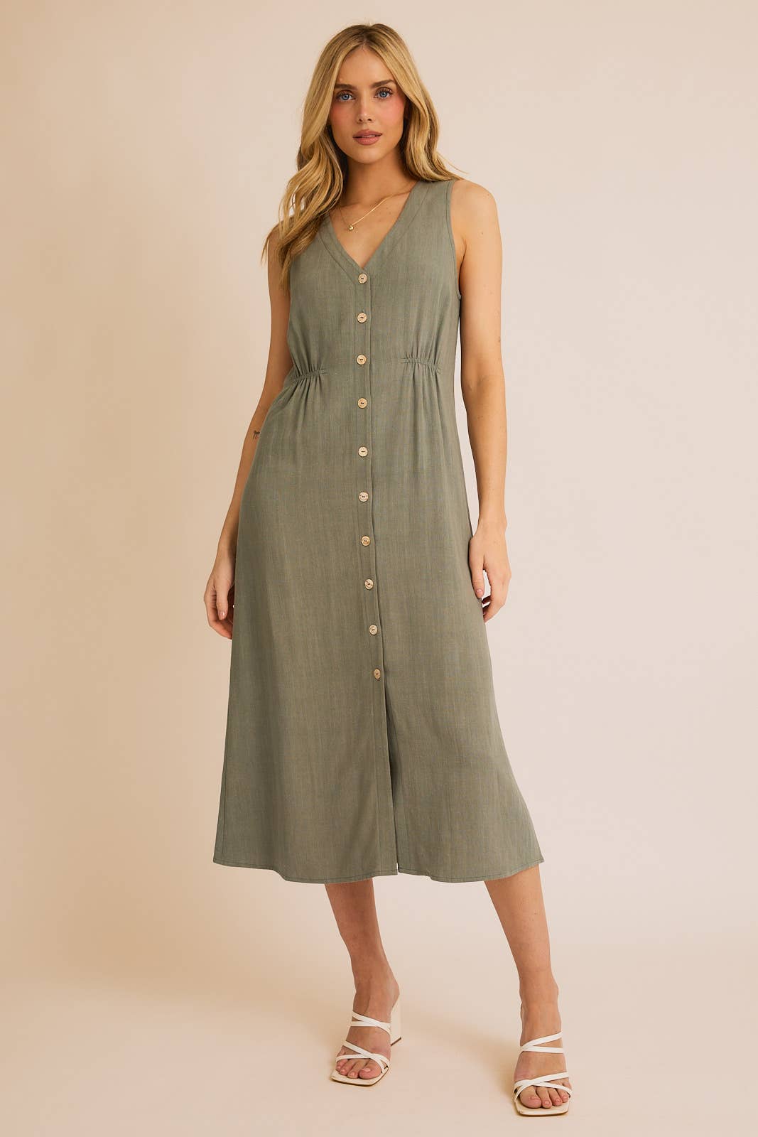 Light Olive Linen Button Down Sleeveless Dress Light Olive Linen Button Down Sleeveless Dress